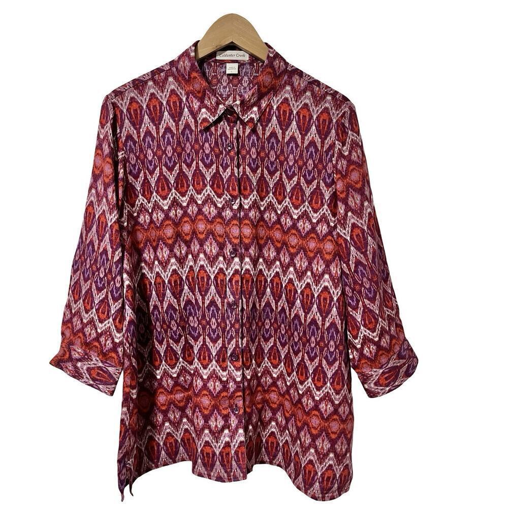Coldwater Creek Linen‎ Geometric Button Down Shirt Size L Red Artsy 3/4 Sleeve